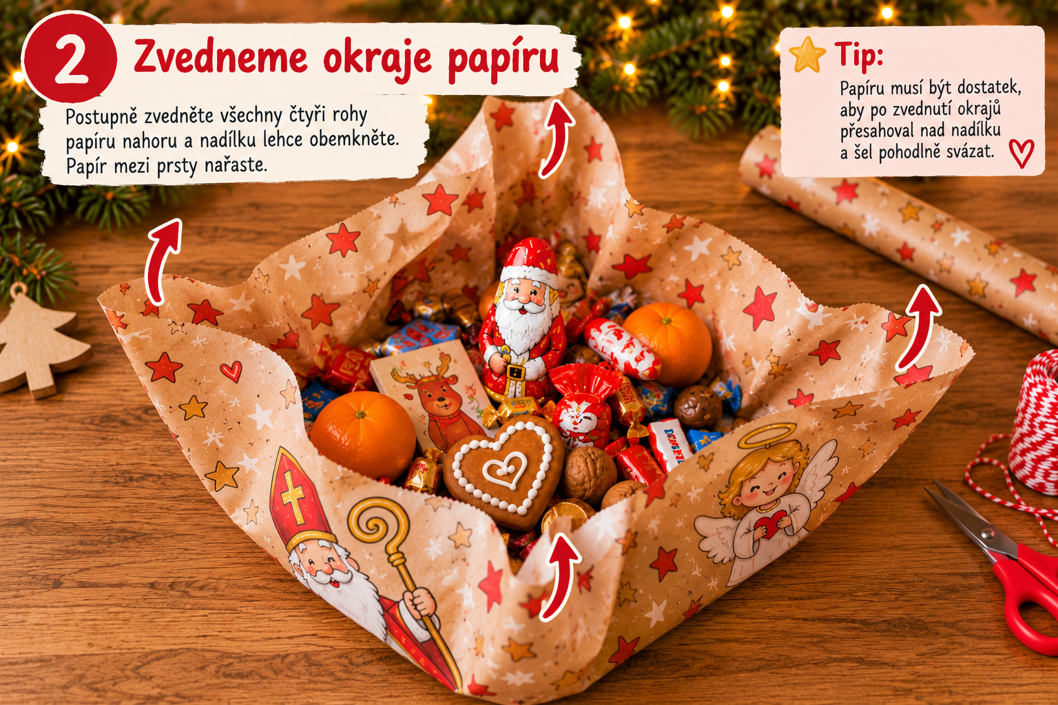 Zvedání rohů balicího papíru kolem mikulášské nadílky